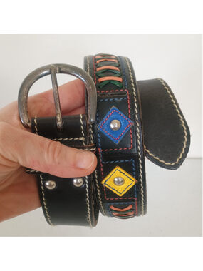 Vintage Gap Black Leather Multicolor Stitched Belt Studded Womens Size 32